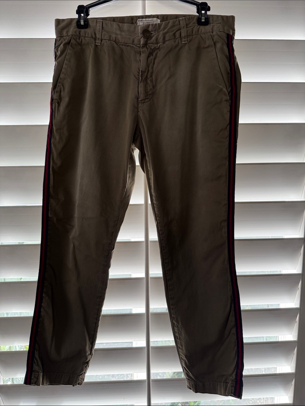 Current/Elliott Olive Side-Stripe Trousers with Red & Navy Trim